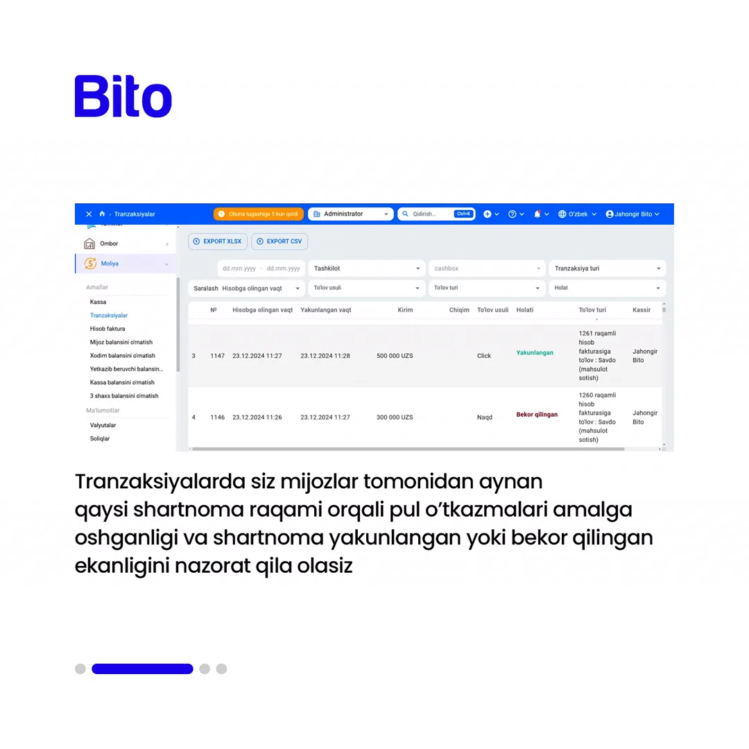 💸 Biznesingizdagi foyda va zararni aniq raqamlarda nazorat qilishni xohlaysizmi?

👉 Savdo aylanmasi, mahsulot tannarxi, xodimlar oyligi… (3/5)