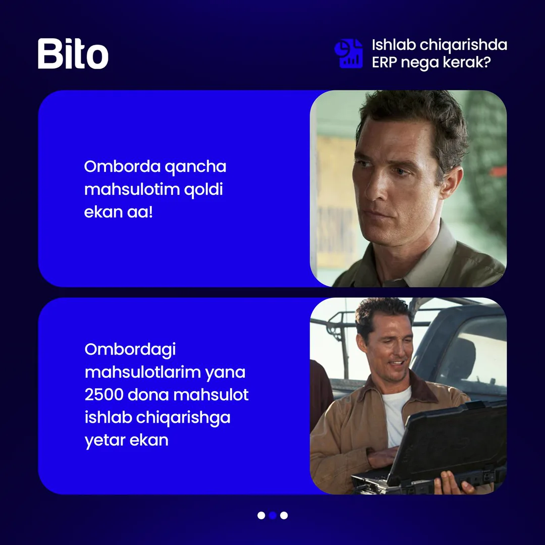 🏭 Ishlab chiqarishda ERP sistemasi kerakmi?

🏘 Ombordagi mahsulotlar qoldig‘i, buyurtmalar holati, savdo analitikalari bo‘yicha online… (2/3)