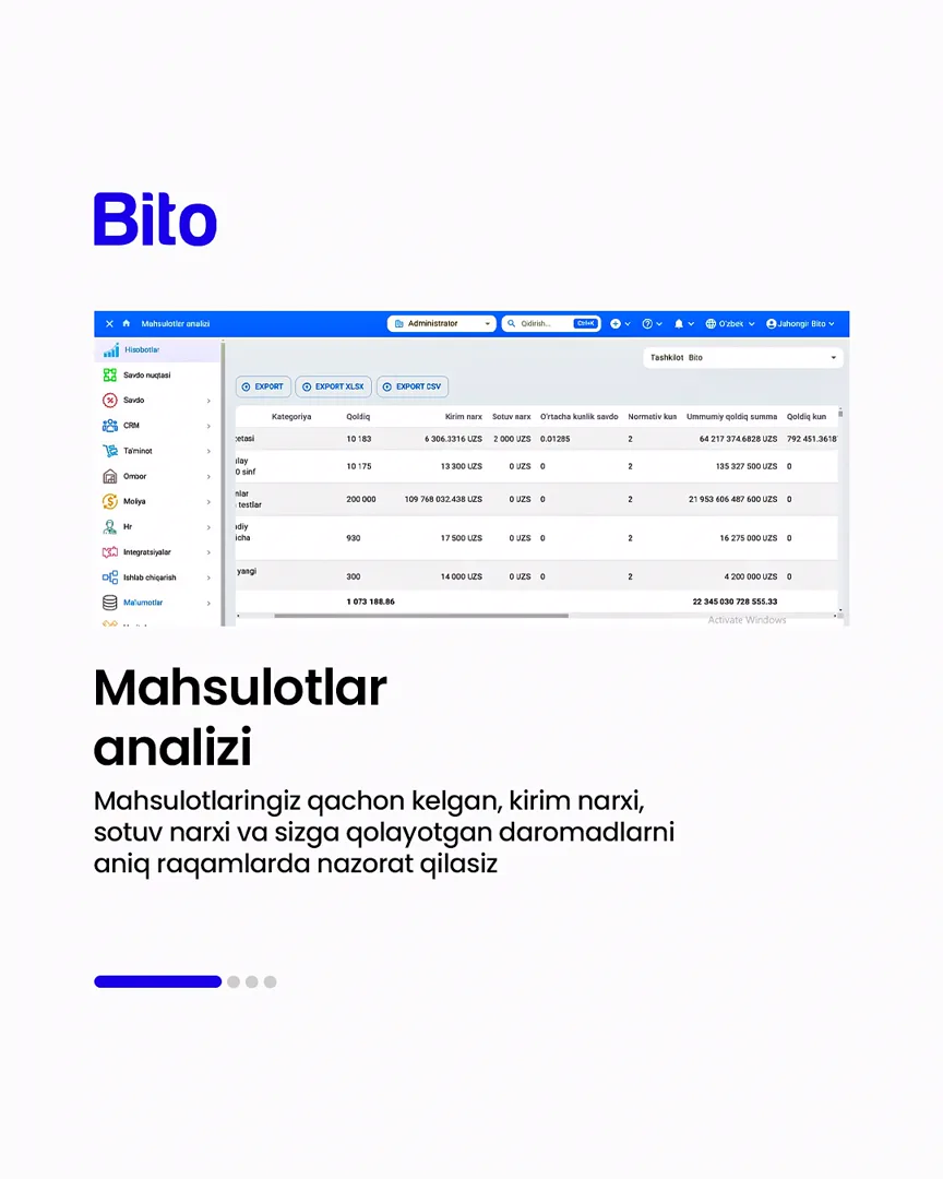 📦 Omboringizni biz bilan avtomatlashtiring
💰Ombordagi barcha hisob-kitoblarni aniq raqamlarda nazorat qiling
📈 Bito - Biz bilan… (2/5)