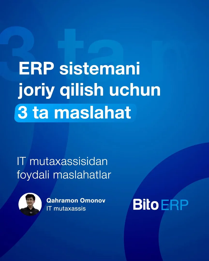 Yordamchimga aytaman, ERP tizimni joriy qilish bilan o'zi shug'ullanadi

Oʻzingizni tanidingizmi?

ERP tizimni joriy qilishda rahbarning,… (1/3)