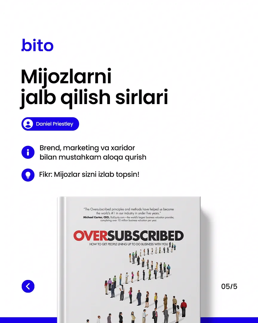 📚 Biznesmenlar uchun TOP-5 kitob

📈  Bito - Biz bilan biznesingizni avtomatlashtiring!

Batafsil:
☎️ 78-113-14-04 (6/6)
