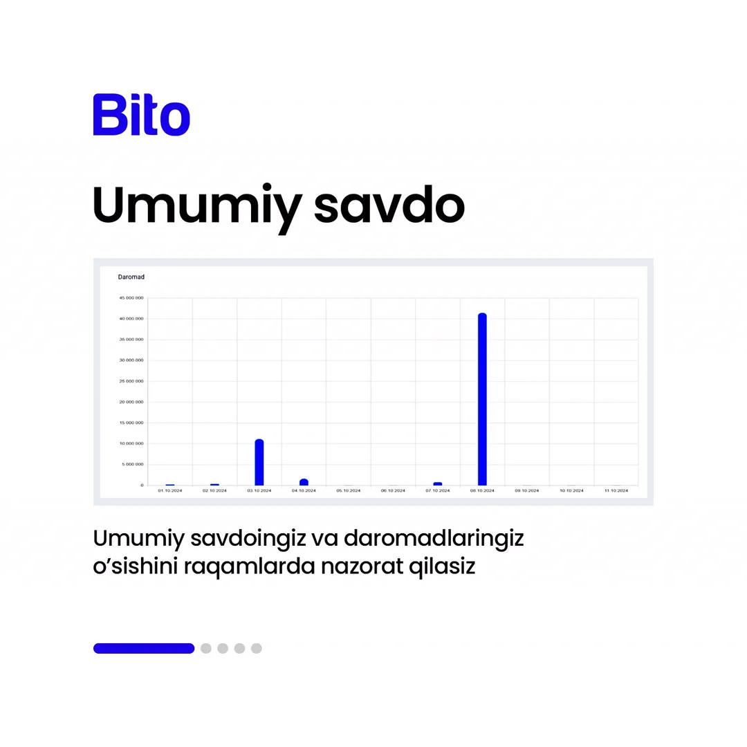 🧮 Sotuv bo’limingizni to’liq nazorat qilishni xohlaysizmi?
💵 BITO ERP sistemasi bilan pul oqimlarini to’liq ko’rib turishngiz mumkin.… (2/6)