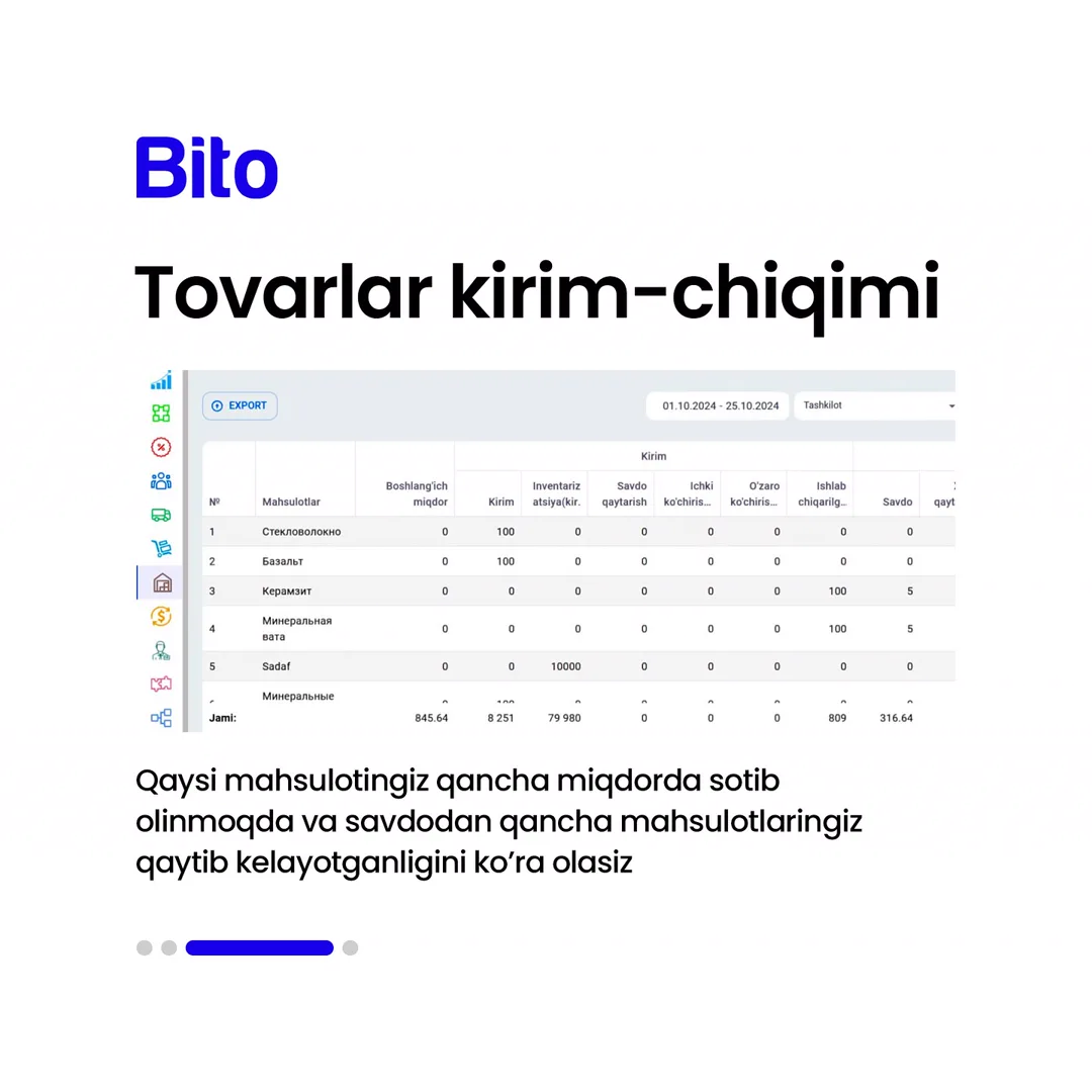 📦 Omborda pullaringiz muzlab qolishini oldini olamiz

✅  BITO ERP sistemasini o’rnatib omborda qaysi mahsulotlaringiz pullaringizni… (4/5)
