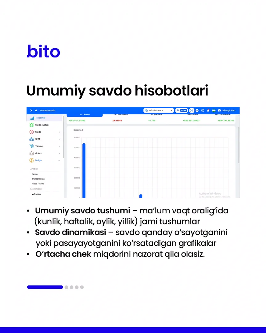 💸 Savdo hisobotlari Bito ERP bilan yanada oson

💻 Barcha hisobotlar aniq raqamlarda

📈  Bito - Biz bilan biznesingizni… (2/6)