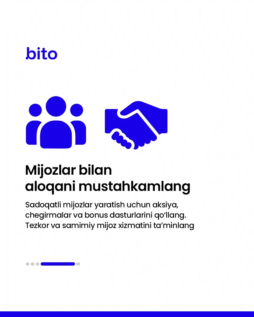 📊 Marketing orqali o’z biznesingizga mijozlarni jalb qiling.
💸 Ma’lumotlardan foydalanib daromadlaringizni oshiring
📈 Bito - Biz bilan… (5/6)