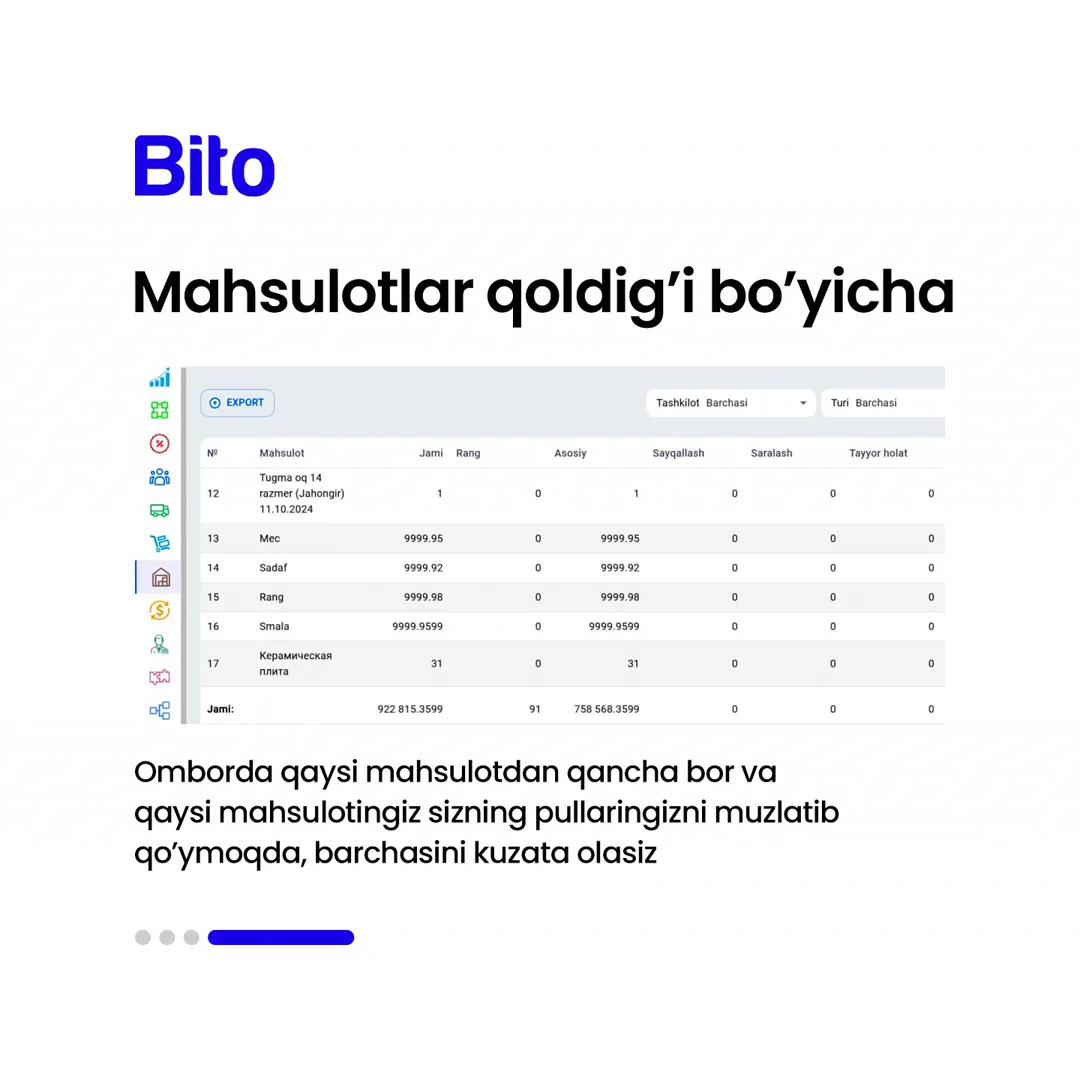 📦 Omborda pullaringiz muzlab qolishini oldini olamiz

✅  BITO ERP sistemasini o’rnatib omborda qaysi mahsulotlaringiz pullaringizni… (5/5)