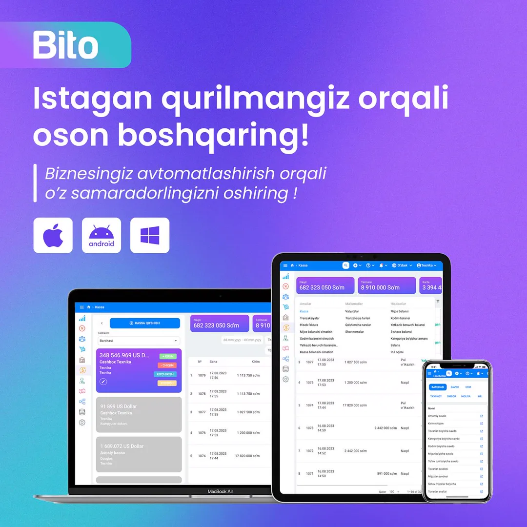 🖥️ Biznesingizni istagan qurilmangiz orqali oson boshqaring.

🔹Biz sizga quyidagi sistemalarda to’liq ishlay oladigan tizimni taklif…