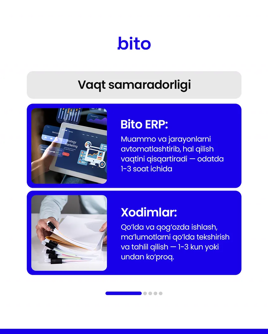 ⏱ Tez qaror, aniq harakat — bu ERP.

📈  Bito - Biz bilan biznesingizni avtomatlashtiring!

Batafsil:
☎️ 78-113-14-04 | Chat

Instagram |… (2/6)