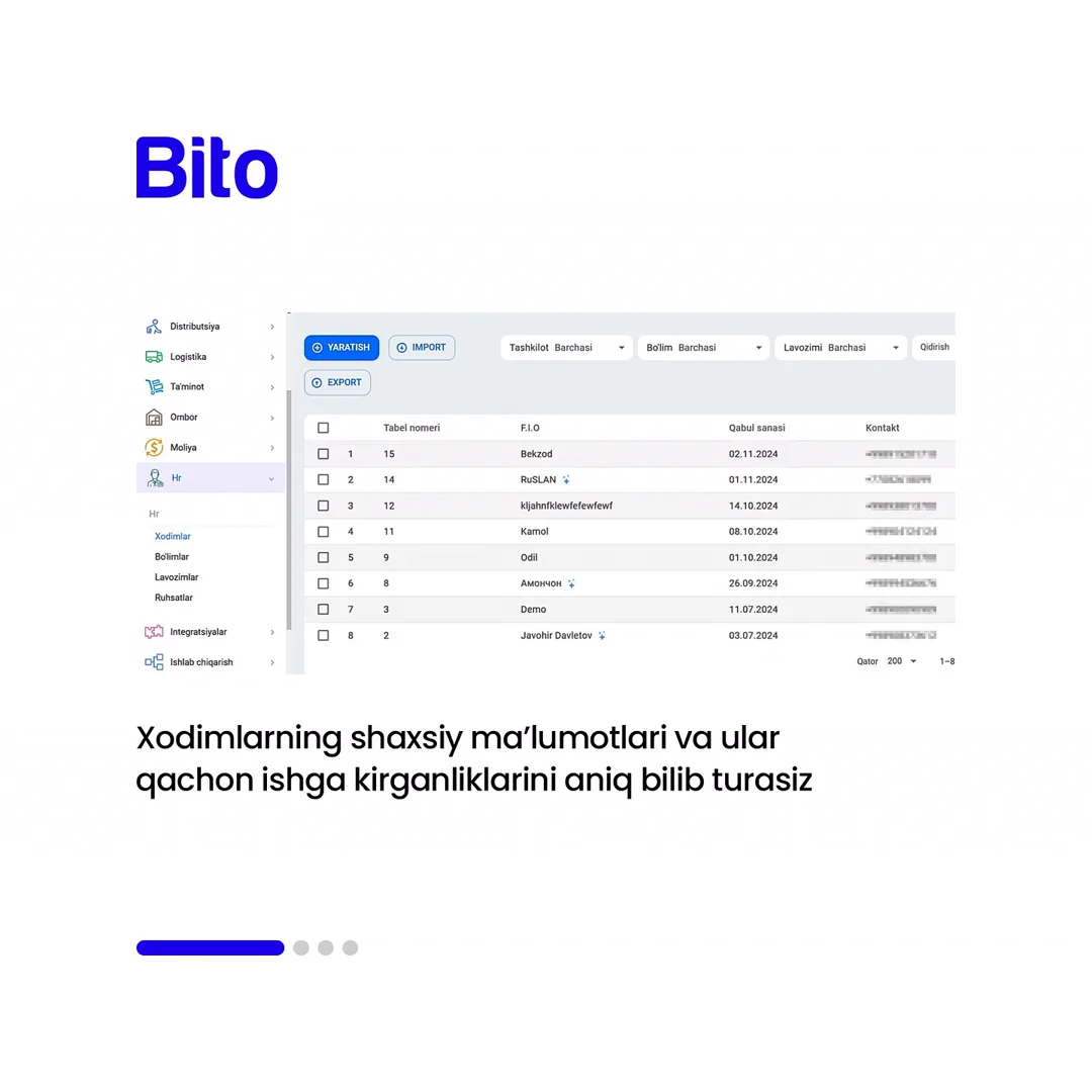 👷♀️ Xodimlar bilan ishlashdagi muammolarga aniq yechim izlayapsizmi?
✅ BITO ERP sistemasida xodimlaringiz ma’lumotlari, savdo plani va… (2/5)